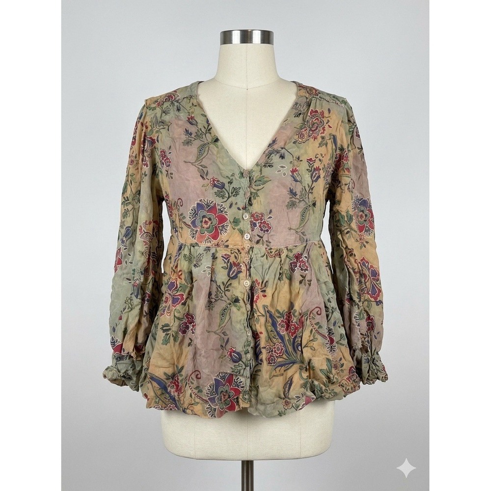 Tianello Vintage Floral Silk Babydoll Peplum Blouse Raw Edge Art To Wear Small